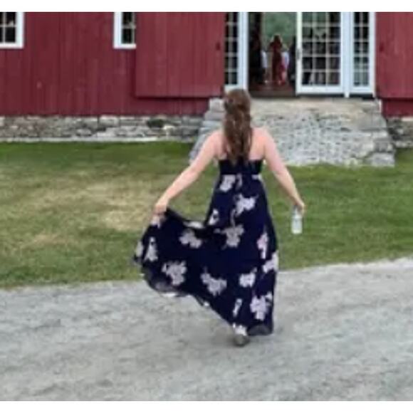 Lulu's Wrap Navy Blue Floral Print Polka Dot Loiselle Maxi Dress Size L - Picture 16 of 17